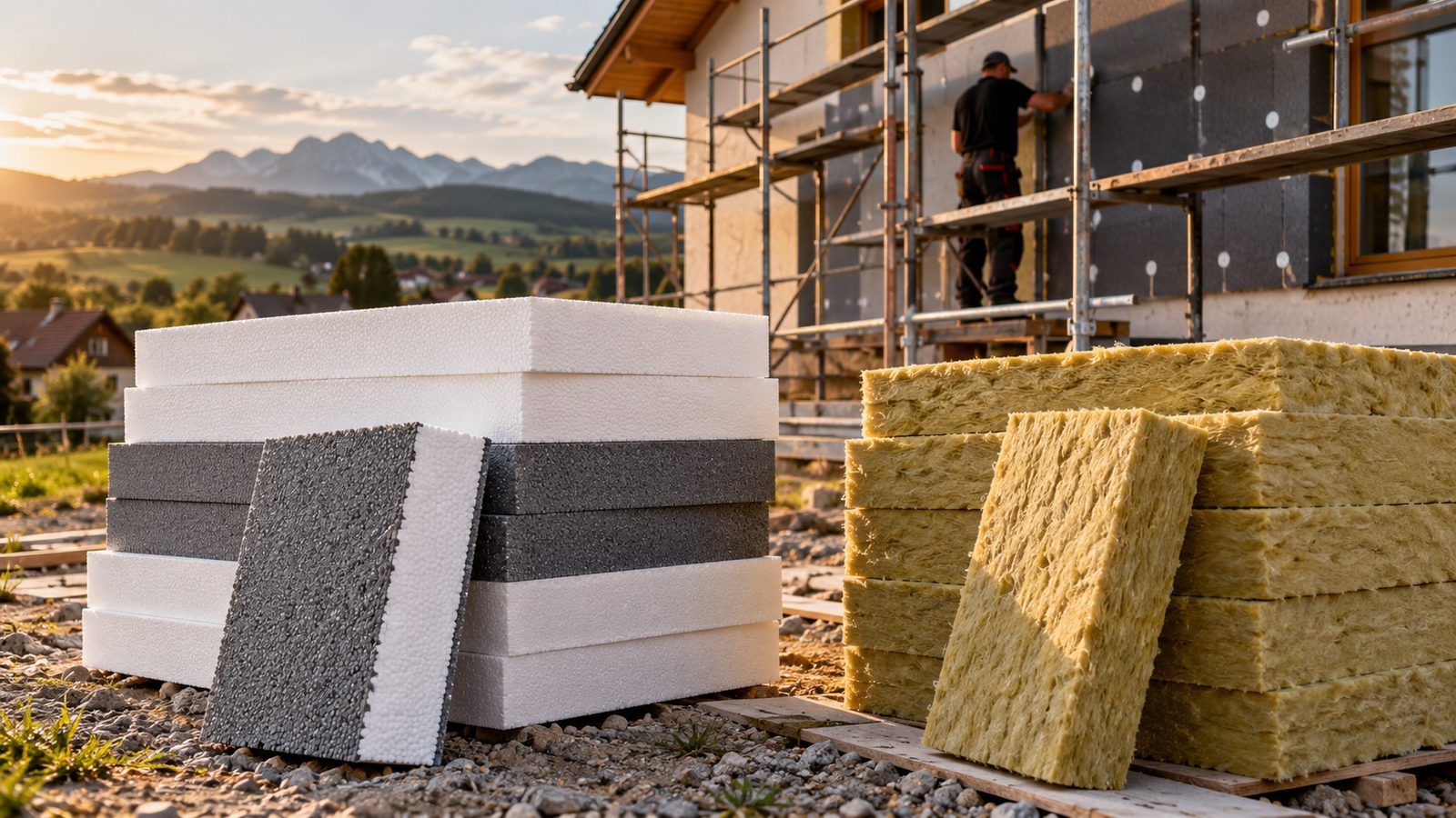 Dosky polystyrénu a minerálnej vlny pripravené na stavbe